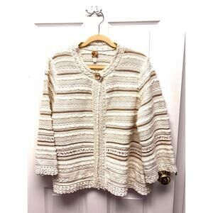 JM Collection Sweater Coat Ivory Cotton Cardigan Textured Knit Fisherman Size XL
